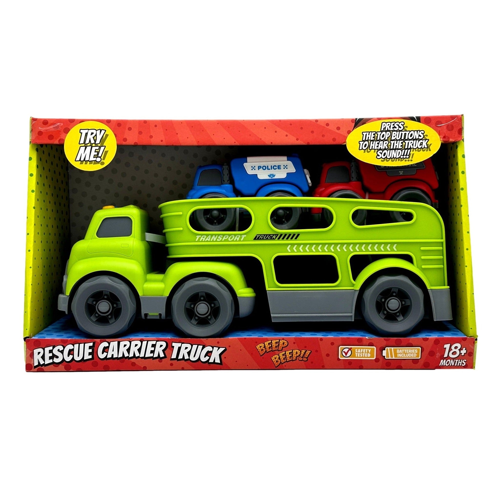 Toy truck set in box with toy police and ambulance cars.